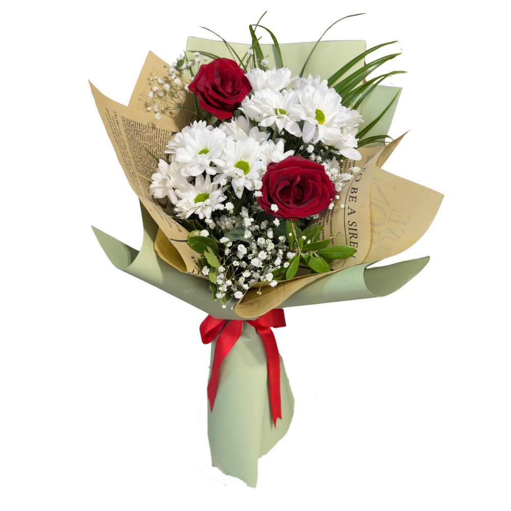 Beyaz Papatya ve 2 Kırmızı Gül Buketi